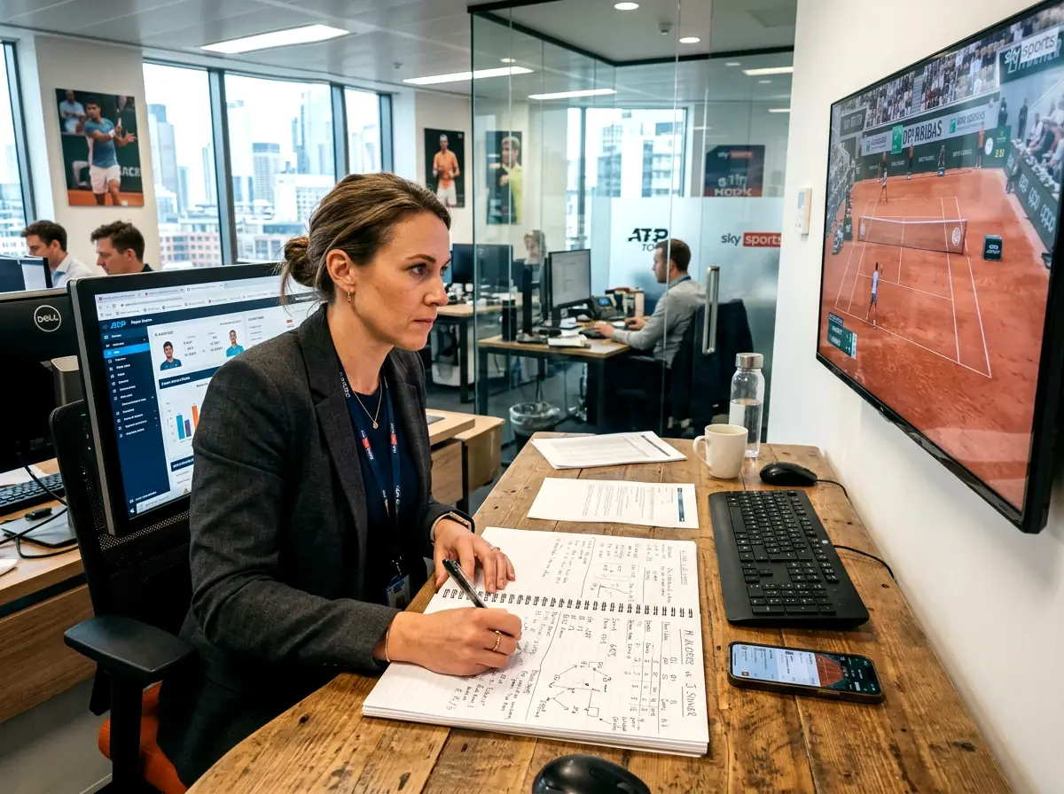 Analista profesional tomando notas durante partido de tenis