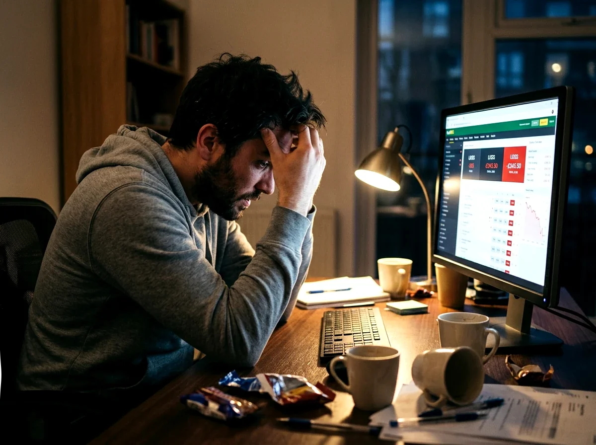 Persona frustrada mirando resultados de apuestas en ordenador