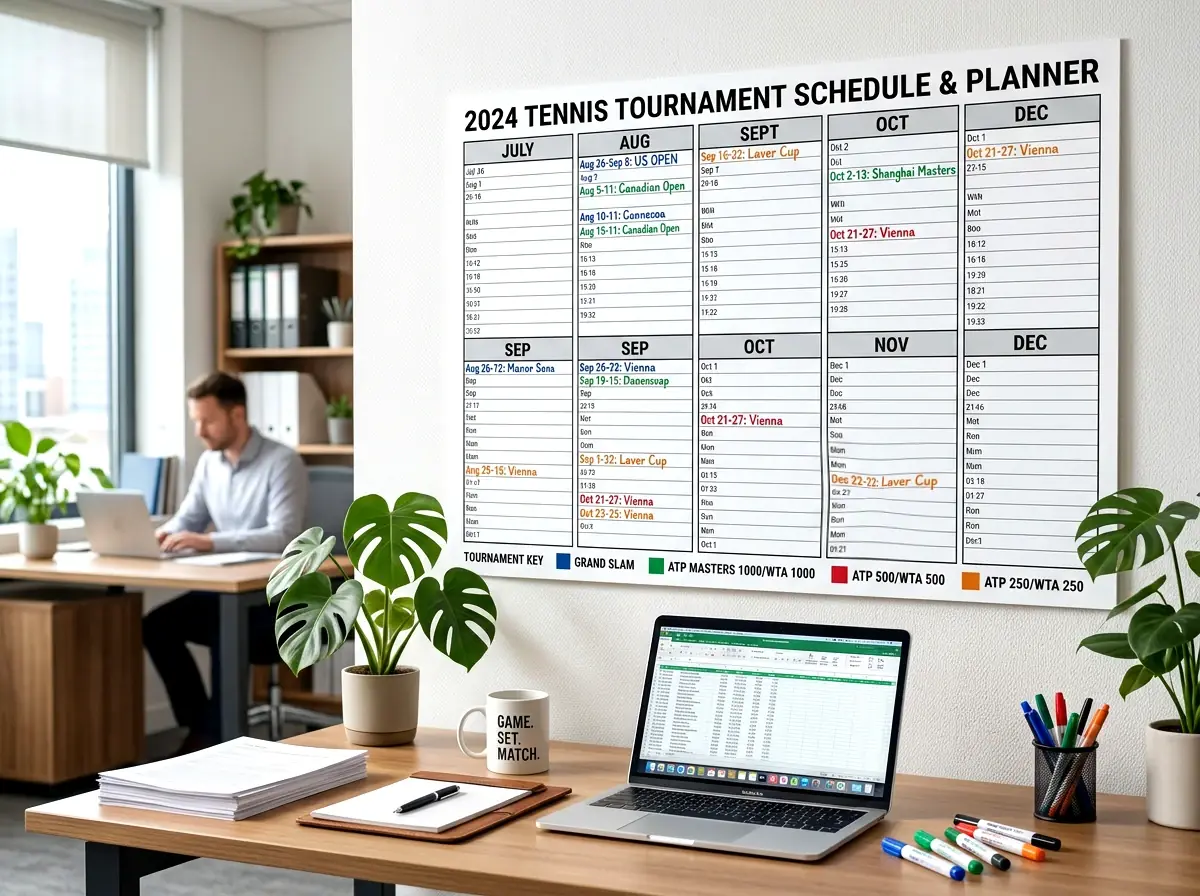 Calendario de torneos de tenis con diferentes categorías marcadas