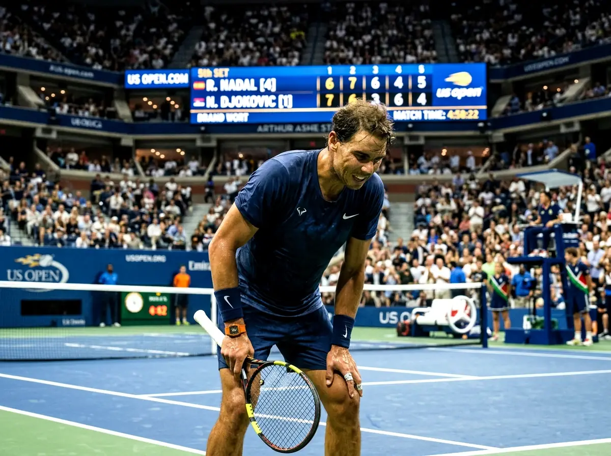 Tenista masculino en quinto set de Grand Slam mostrando fatiga