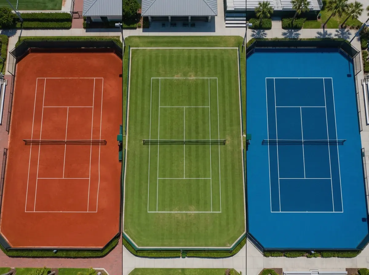 Comparación visual de superficies de tenis: tierra batida, hierba y pista dura