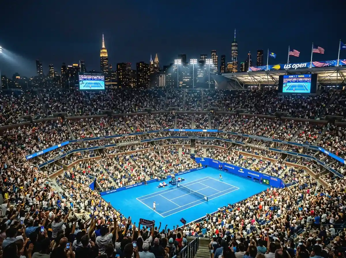 Arthur Ashe Stadium iluminado durante sesión nocturna